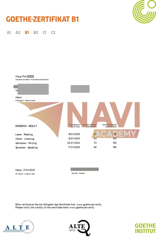 Kết quả thi Goethe B1 của học viên lớp tiếng Đức NAVI